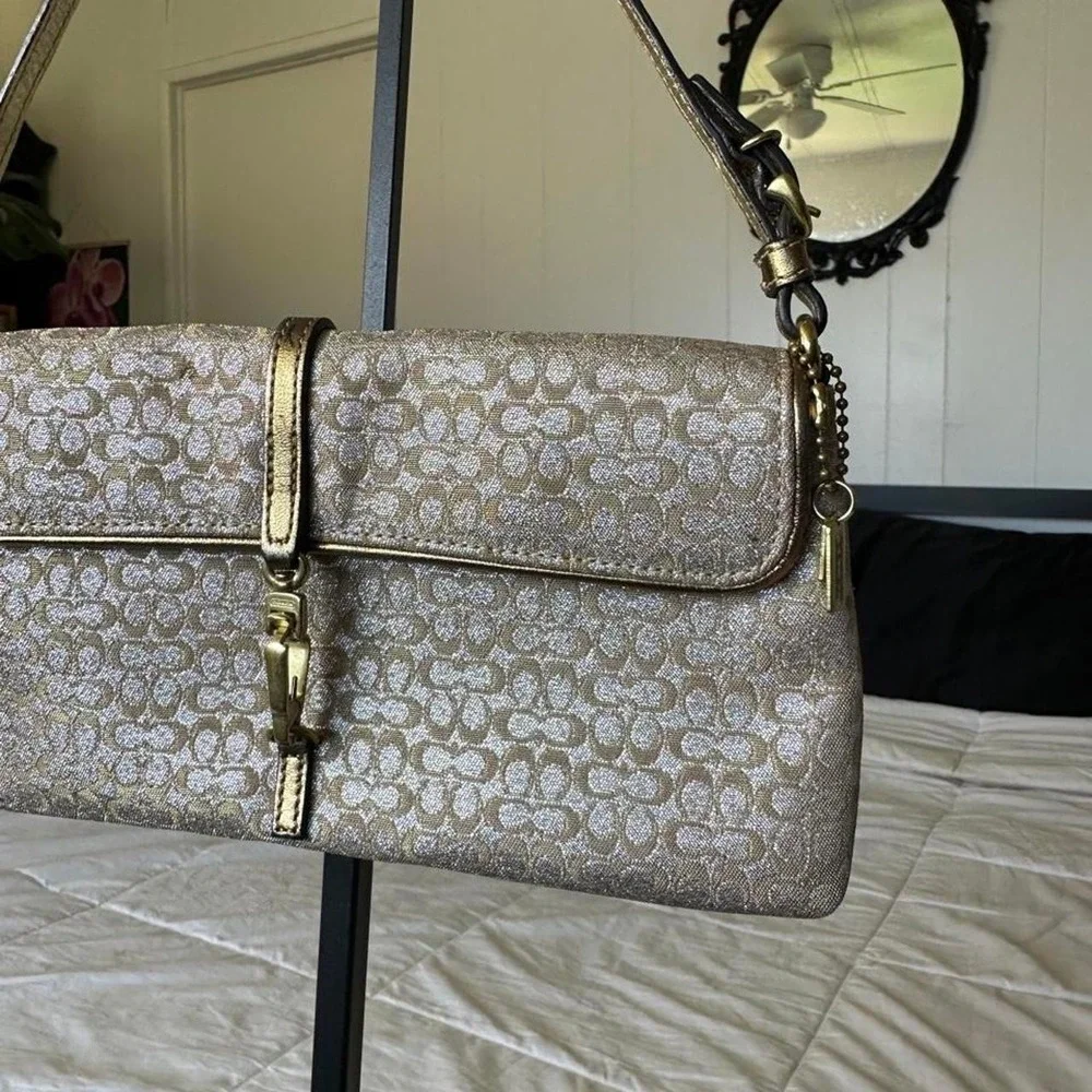 Coach Hampton Shimmer Optic Signature shoulder bag metallic gold monogram canvas